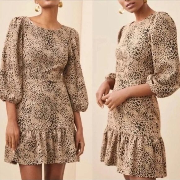 Maeve Anthropologie Leopard Print Dress Open Tie Back Puff Sleeve Ruffle Flounce - Picture 1 of 15